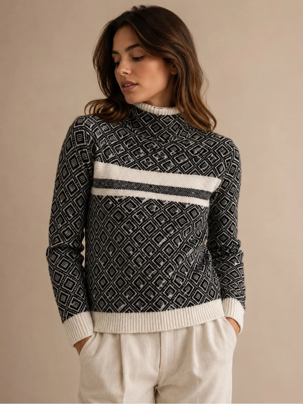 Cable & Gauge Black White Geometric Fair Isle Turtleneck Sweater Cozy Knit Large